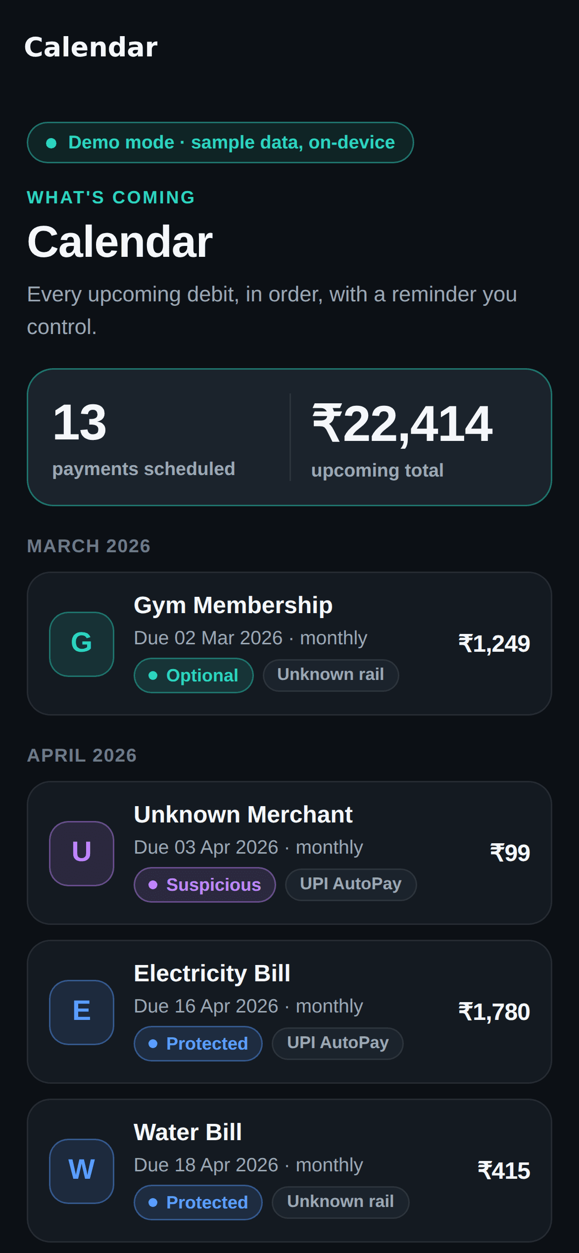 AutoPay Radar mobile app — Calendar screen
