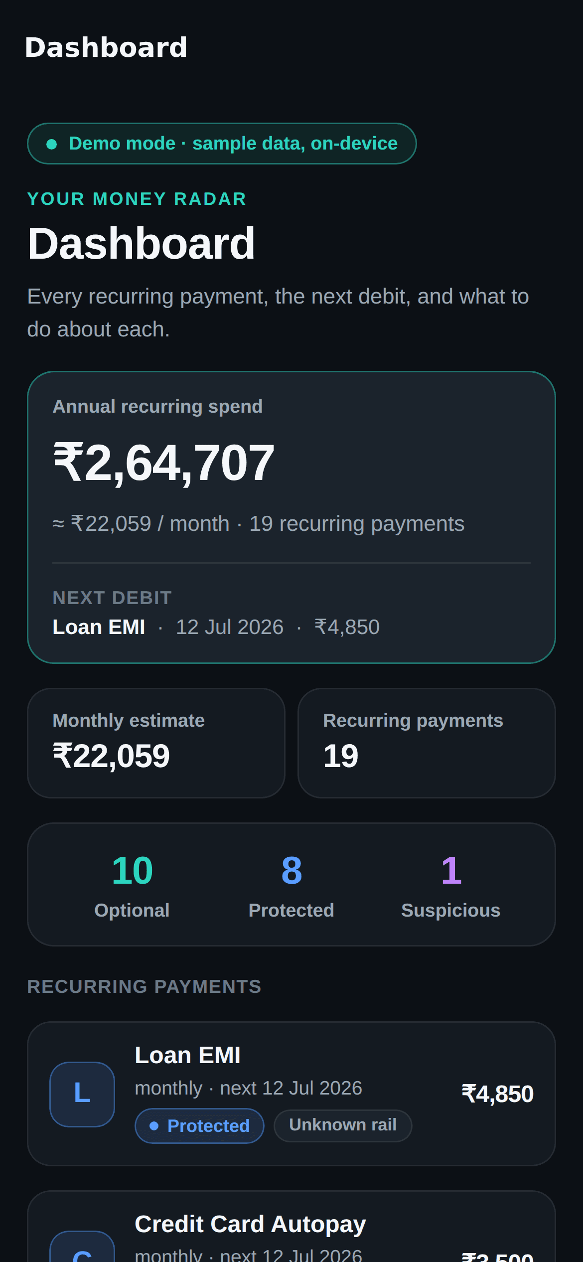 AutoPay Radar mobile app — Dashboard screen