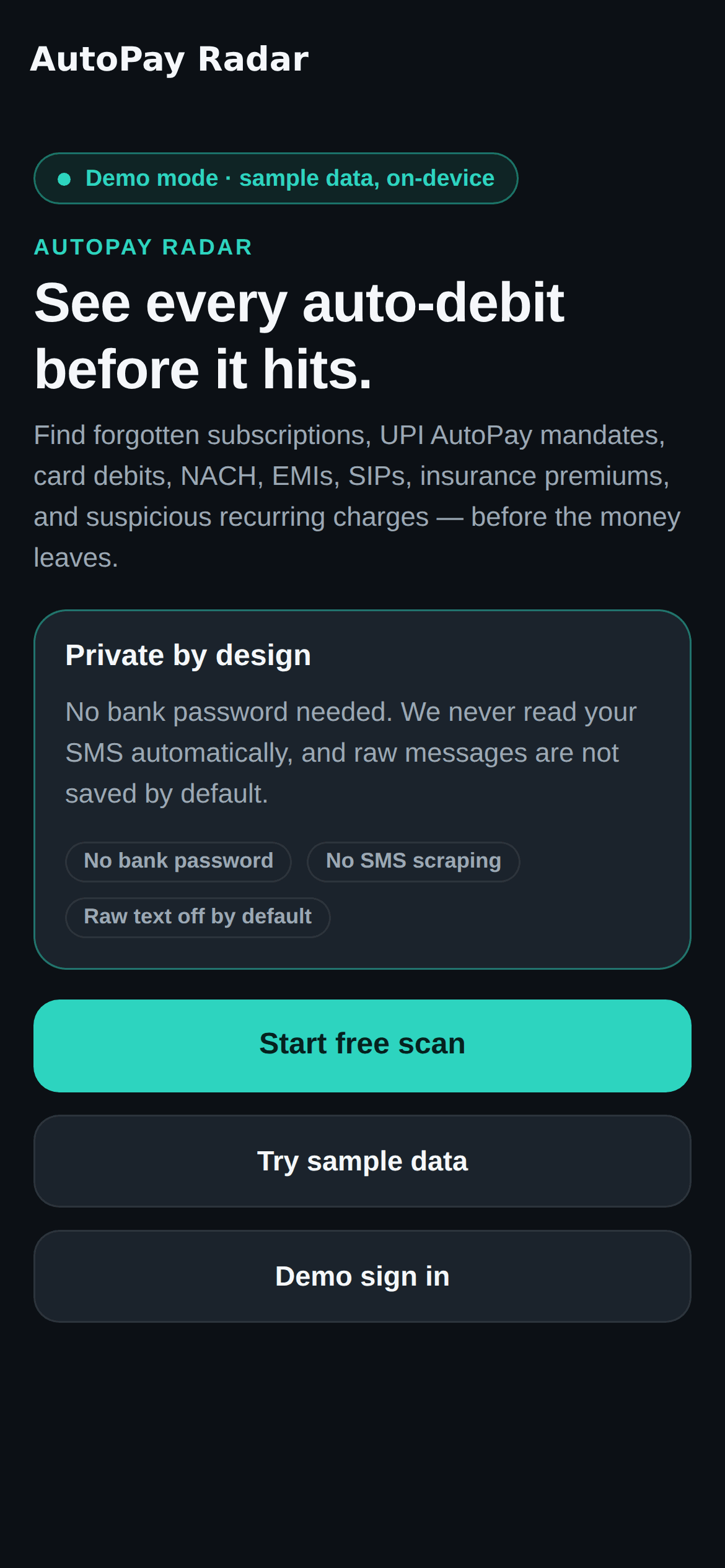 AutoPay Radar mobile app — Home screen