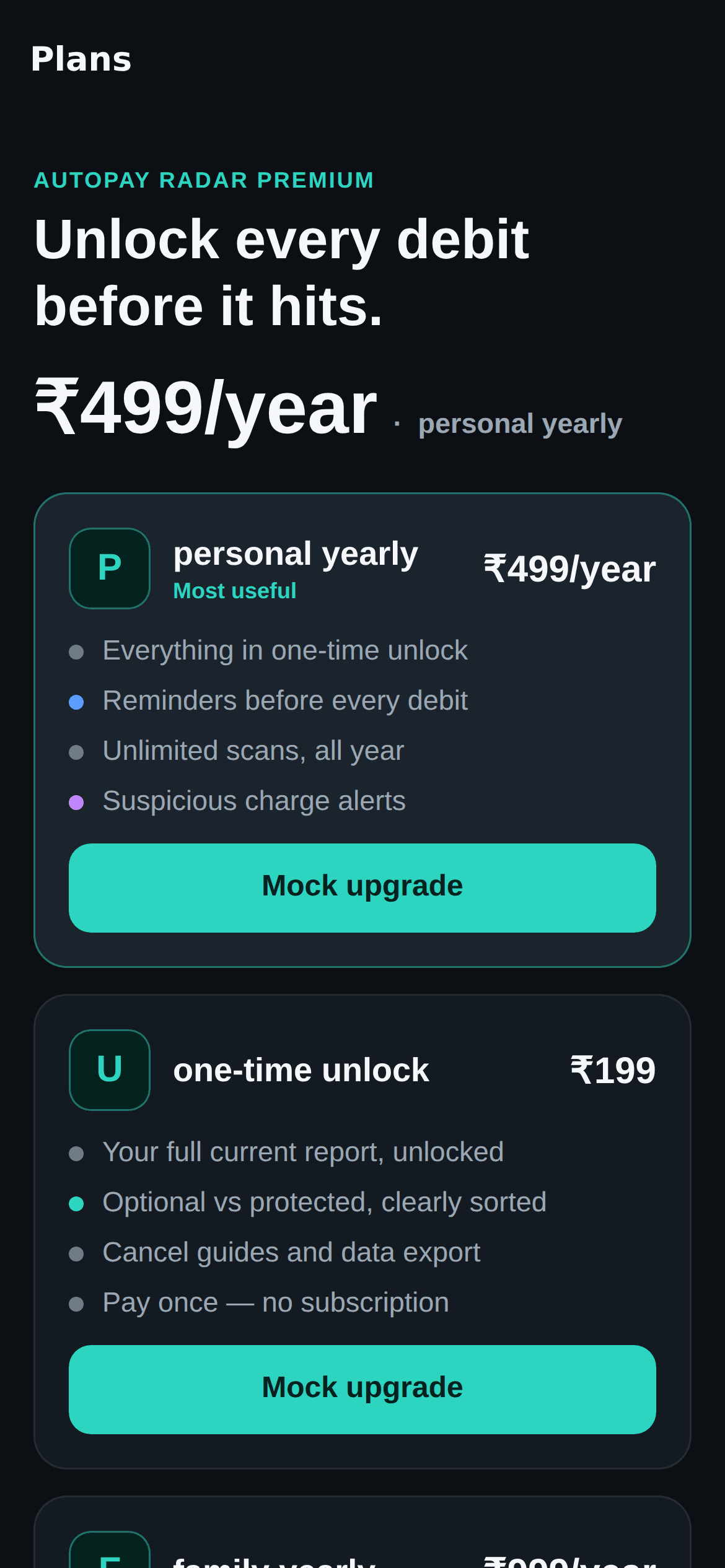 AutoPay Radar mobile app — Premium screen